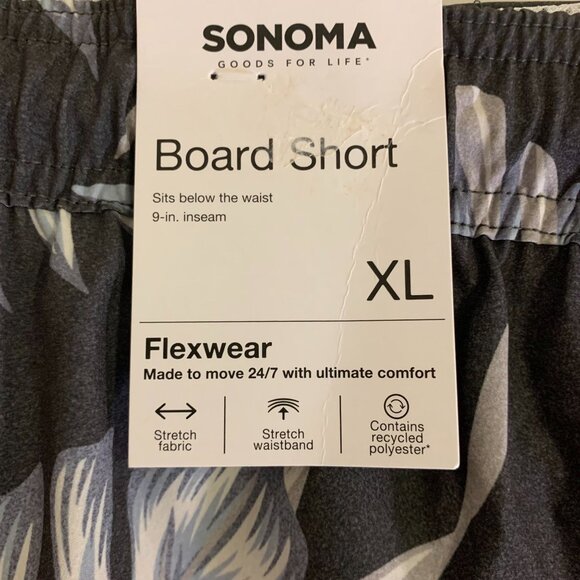 Sonoma XL Black Leaf Print Board Shorts With Stretch Waistband & 9-Inch Inseam - Picture 2 of 11